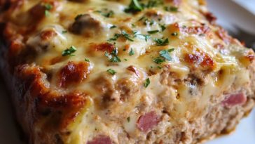 “A golden-brown chicken cordon bleu meatloaf sliced to reveal layers of ham, melted cheese, and tender chicken.”