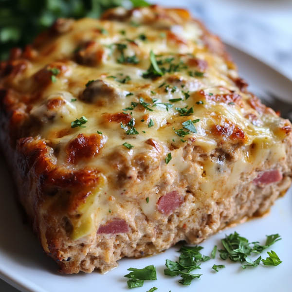 “A golden-brown chicken cordon bleu meatloaf sliced to reveal layers of ham, melted cheese, and tender chicken.”