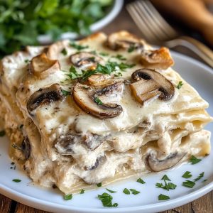 “A creamy mushroom chicken Alfredo lasagna layered with pasta, tender chicken, mushrooms, Alfredo sauce, and melted cheese.”