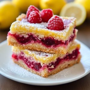 “Bright lemon raspberry bars with a buttery crust, tangy lemon filling, and fresh raspberries dusted with powdered sugar.”