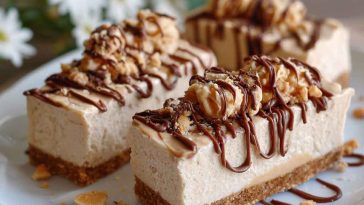 Peanut butter frozen yogurt bars with a crunchy base, cut into squares and served chilled.
