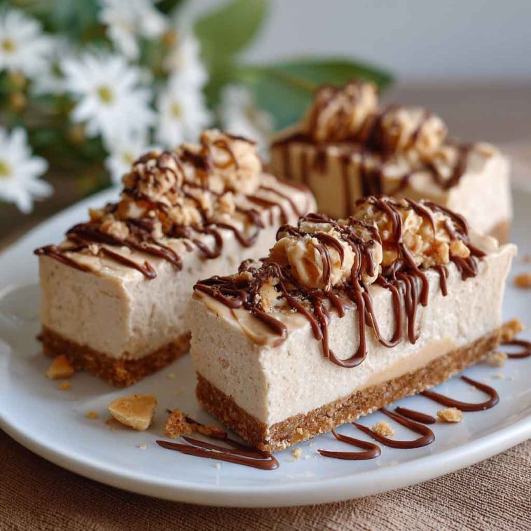 Peanut butter frozen yogurt bars with a crunchy base, cut into squares and served chilled.