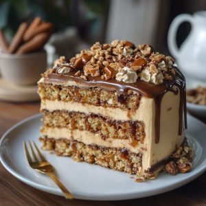 Decadent caramel toffee crunch cake topped with golden caramel drizzle, crunchy toffee bits, and rich layers of moist cake on a dessert stand.