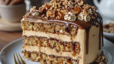 Decadent caramel toffee crunch cake topped with golden caramel drizzle, crunchy toffee bits, and rich layers of moist cake on a dessert stand.