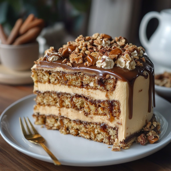 Decadent caramel toffee crunch cake topped with golden caramel drizzle, crunchy toffee bits, and rich layers of moist cake on a dessert stand.