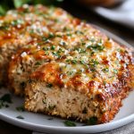 A golden-brown chicken meatloaf topped with melted parmesan and garlic seasoning, sliced and served with fresh herbs on a rustic platter.