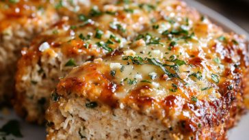 A golden-brown chicken meatloaf topped with melted parmesan and garlic seasoning, sliced and served with fresh herbs on a rustic platter.