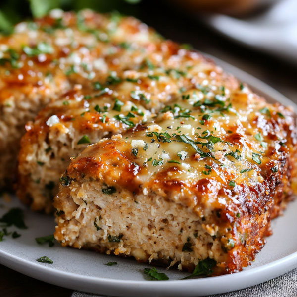 A golden-brown chicken meatloaf topped with melted parmesan and garlic seasoning, sliced and served with fresh herbs on a rustic platter.