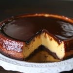 "Flan cake (chocoflan) with a rich chocolate base, creamy caramel flan topping, and glossy caramel drizzle."