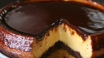 "Flan cake (chocoflan) with a rich chocolate base, creamy caramel flan topping, and glossy caramel drizzle."