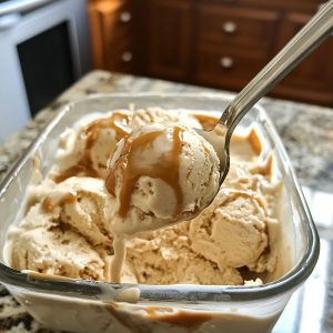 "Creamy high protein salted caramel cottage cheese ice cream served in a bowl, topped with caramel drizzle and sea salt flakes."