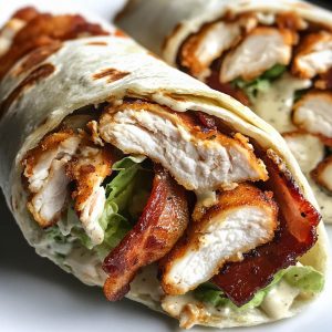 "Crispy chicken bacon ranch wrap filled with crunchy chicken tenders, smoky bacon, fresh lettuce, and creamy ranch dressing."