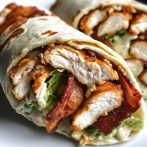 "Crispy chicken bacon ranch wrap filled with crunchy chicken tenders, smoky bacon, fresh lettuce, and creamy ranch dressing."