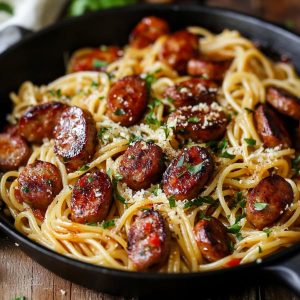 A sizzling skillet filled with sticky honey garlic sausage pasta, garnished with fresh parsley and parmesan cheese.