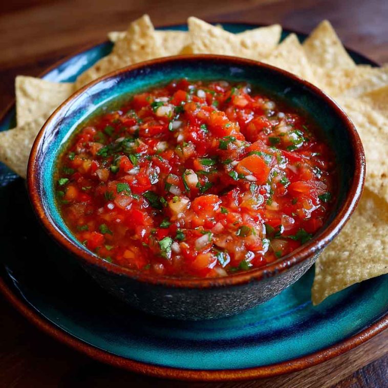 “A vibrant bowl of homemade salsa with fresh tomatoes, onions, cilantro, and jalapeños served with tortilla chips.”
