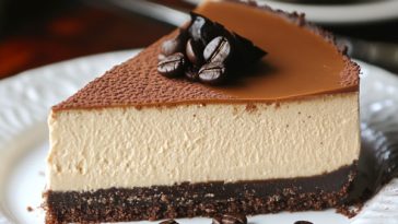 “A rich creamy coffee cheesecake topped with whipped cream and chocolate shavings on a rustic plate.”