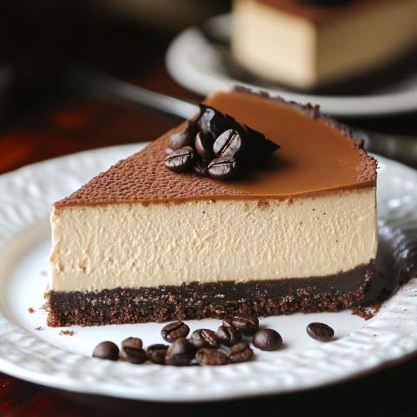 “A rich creamy coffee cheesecake topped with whipped cream and chocolate shavings on a rustic plate.”