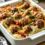 “A cheesy loaded mashed potato and meatball casserole baked golden brown, topped with bacon, green onions, and melted cheese.”