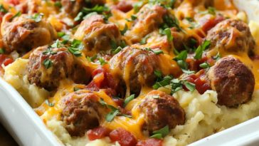 “A cheesy loaded mashed potato and meatball casserole baked golden brown, topped with bacon, green onions, and melted cheese.”