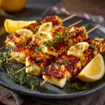 "Grilled halloumi skewers with lemon wedges and fresh thyme, served on a rustic platter."