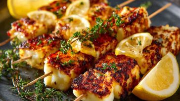 "Grilled halloumi skewers with lemon wedges and fresh thyme, served on a rustic platter."