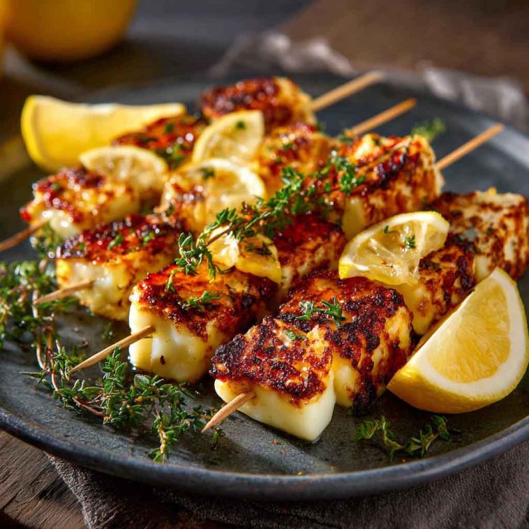 "Grilled halloumi skewers with lemon wedges and fresh thyme, served on a rustic platter."