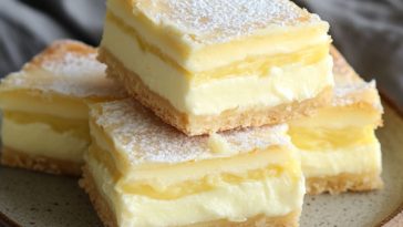 "Vanilla custard cream squares with golden pastry layers, creamy custard filling, and a dusting of powdered sugar."