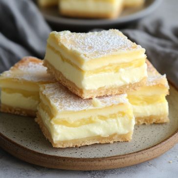 "Vanilla custard cream squares with golden pastry layers, creamy custard filling, and a dusting of powdered sugar."