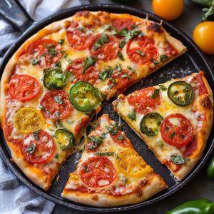"Homemade margarita pizza with golden crust, fresh mozzarella, basil leaves, and vibrant tomato sauce."