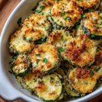 "Crispy baked parmesan zucchini slices on a tray, golden brown with melted cheese and fresh herbs."