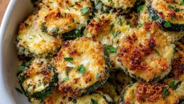 "Crispy baked parmesan zucchini slices on a tray, golden brown with melted cheese and fresh herbs."