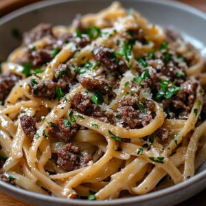 “A bowl of garlic beef pasta with tender beef strips, spaghetti coated in garlic butter sauce, and parsley garnish.”