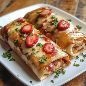 "Golden-fried strawberry chimichangas dusted with cinnamon sugar, filled with cream cheese and fresh strawberries."