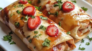 "Golden-fried strawberry chimichangas dusted with cinnamon sugar, filled with cream cheese and fresh strawberries."