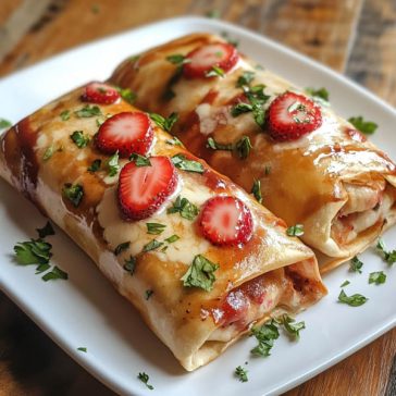 "Golden-fried strawberry chimichangas dusted with cinnamon sugar, filled with cream cheese and fresh strawberries."