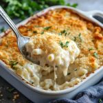 "Creamy white cheddar mac and cheese served in a bowl, topped with breadcrumbs and fresh parsley."