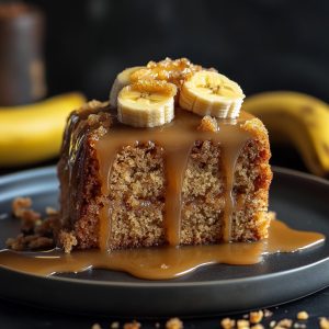 “A moist banana cake drizzled with golden caramel sauce, topped with whipped cream and sliced bananas.”