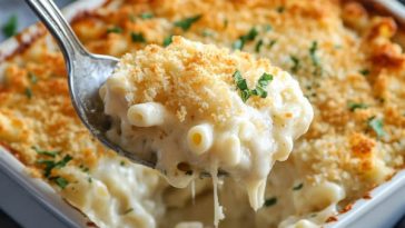 "Creamy white cheddar mac and cheese served in a bowl, topped with breadcrumbs and fresh parsley."