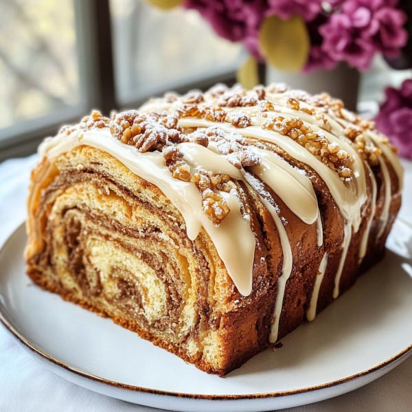A golden, swirled honey babka loaf topped with creamy frosting, sliced to reveal its rich layers.