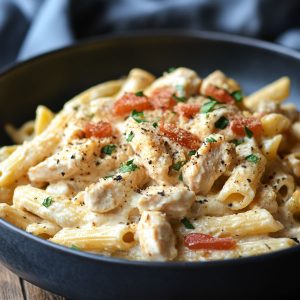 “A creamy ricotta chicken pasta served in a white bowl, garnished with fresh basil and Parmesan cheese.”