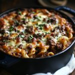 “A baked beef Lombardi casserole layered with ground beef, tomato sauce, noodles, sour cream, and melted cheese.”