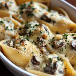 A baking dish filled with jumbo pasta shells stuffed with creamy garlic mushrooms, topped with melted cheese and fresh parsley.