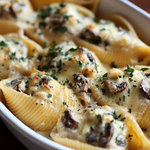 A baking dish filled with jumbo pasta shells stuffed with creamy garlic mushrooms, topped with melted cheese and fresh parsley.