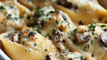 A baking dish filled with jumbo pasta shells stuffed with creamy garlic mushrooms, topped with melted cheese and fresh parsley.