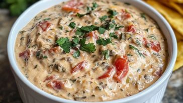 A creamy bowl of boat dip (Rotel ranch dip) topped with shredded cheese and served with tortilla chips.