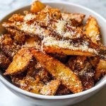"Golden crispy air fryer parmesan fries sprinkled with fresh herbs and grated cheese, served in a basket."