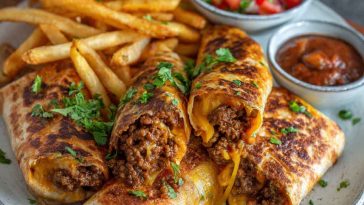 "Cheesy beef burritos stuffed with seasoned beef, melted cheese, and crispy fries, served with salsa."