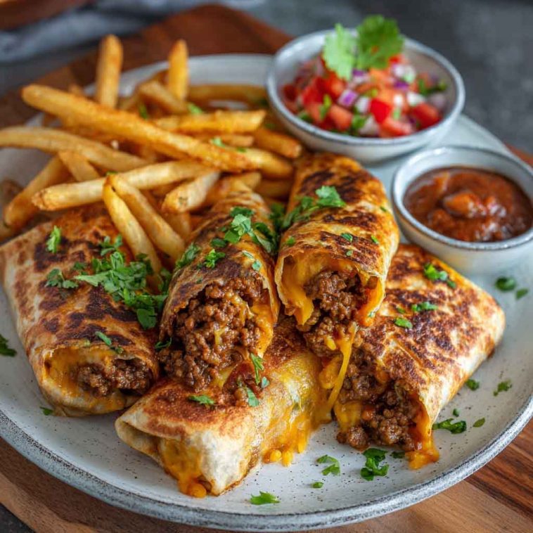 "Cheesy beef burritos stuffed with seasoned beef, melted cheese, and crispy fries, served with salsa."