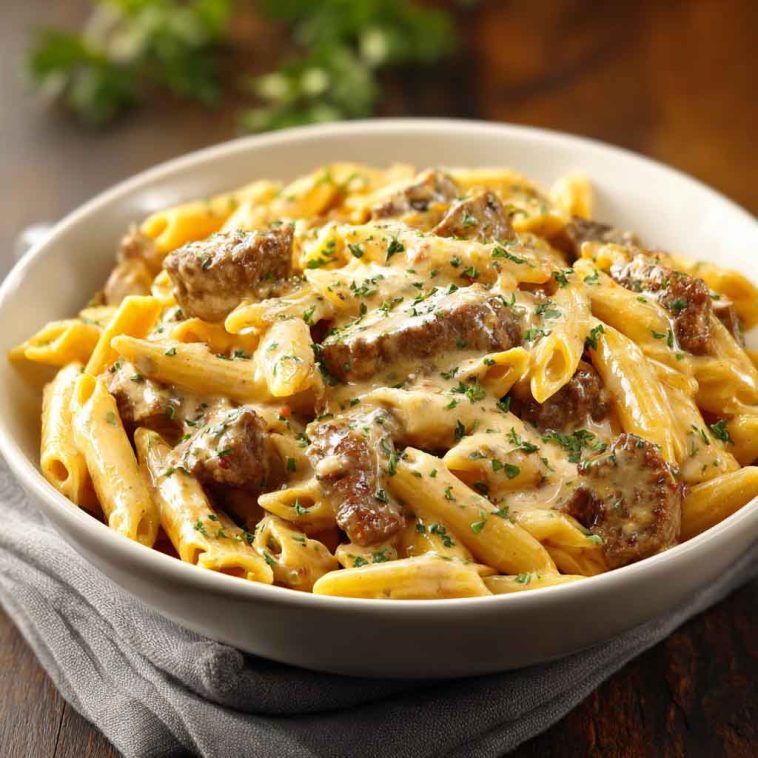 "Creamy Velveeta beef stroganoff with penne pasta served in a bowl, topped with parsley and melted cheese."