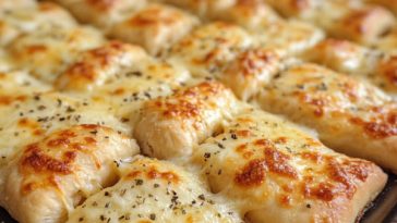 "Homemade cheesy breadsticks baked golden brown, topped with melted mozzarella and parmesan, served with marinara sauce."